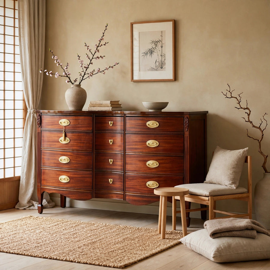Mid Century Federal Style Mahogany Serpentine Triple Dresser by Dixie styled as Japandi