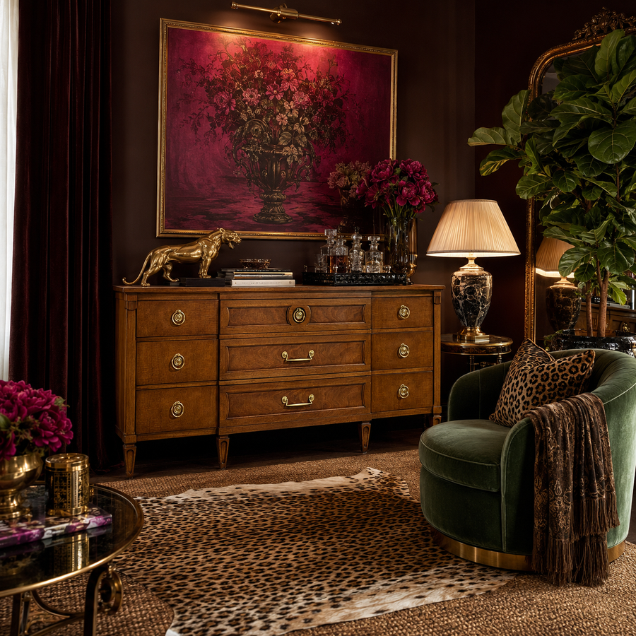 Mid Century Transitional Dresser or Sideboard by Henredon Furniture styled as Maximalism