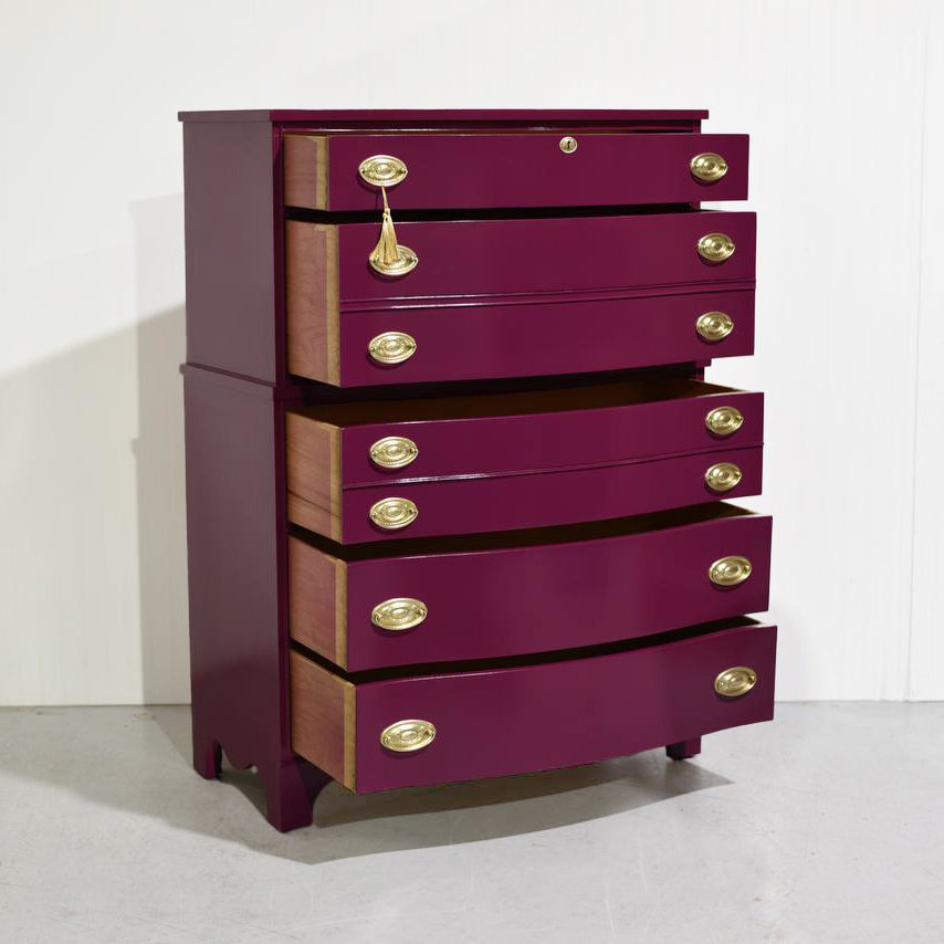 Mid Century Federal Style Mahogany Curved Front Highboy in Purple by Basset- Newly Painted