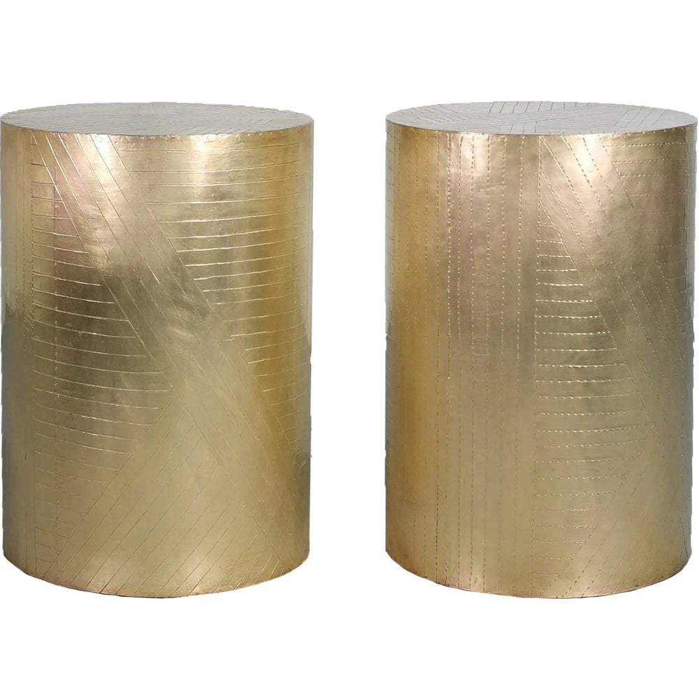 Vintage Brass Drum Metal Wrapped Side Tables - a Pair