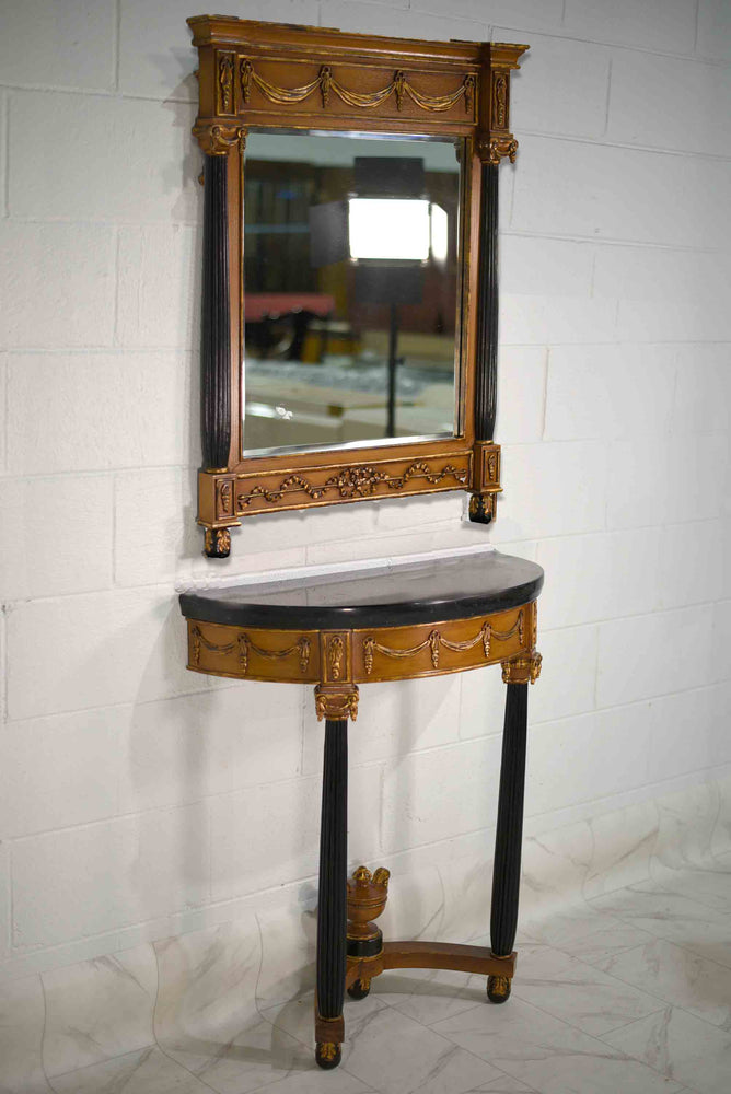 French Neoclassical Style Black & Gold Demi-Lune Marble Console Table & Mirror After Maison Jansen