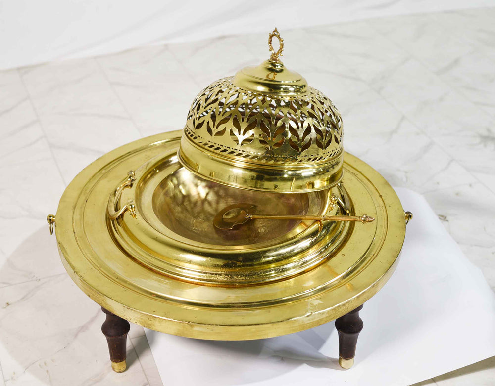 Vintage Moorish Footed & Pierced Brass Buffet Serving Dish with Spoon