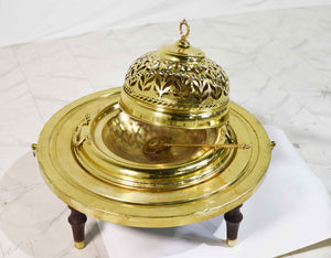 Vintage Moorish Footed & Pierced Brass Buffet Serving Dish with Spoon