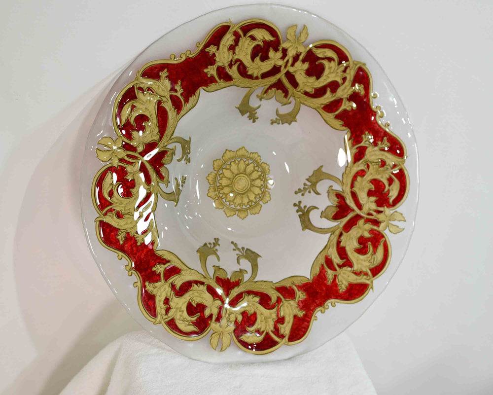 Mid-Century Opaque Glass Charger Dish Red Gold Wreath