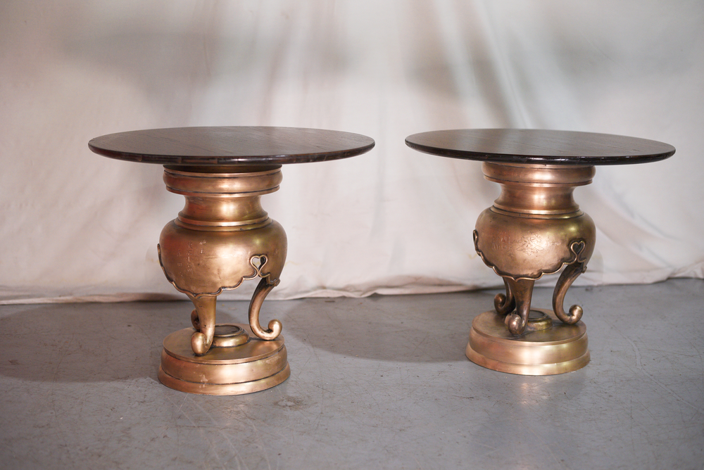 18th Century Chinese Cast Bronze Tripod Censers Modified with Tabletops - A Pair