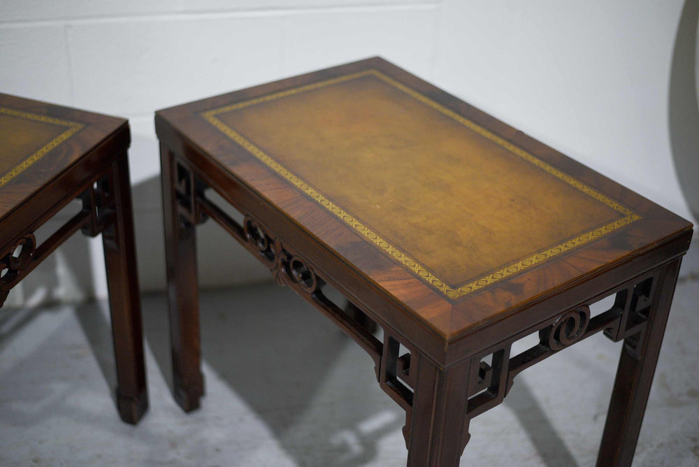 1970s Mahogany Chinoiserie Side Tables with Leather Top - A Pair