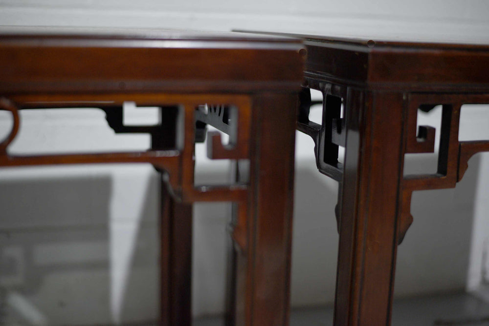 1970s Mahogany Chinoiserie Side Tables with Leather Top - A Pair