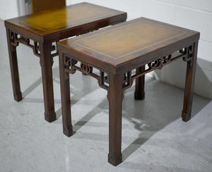 1970s Mahogany Chinoiserie Side Tables with Leather Top - A Pair