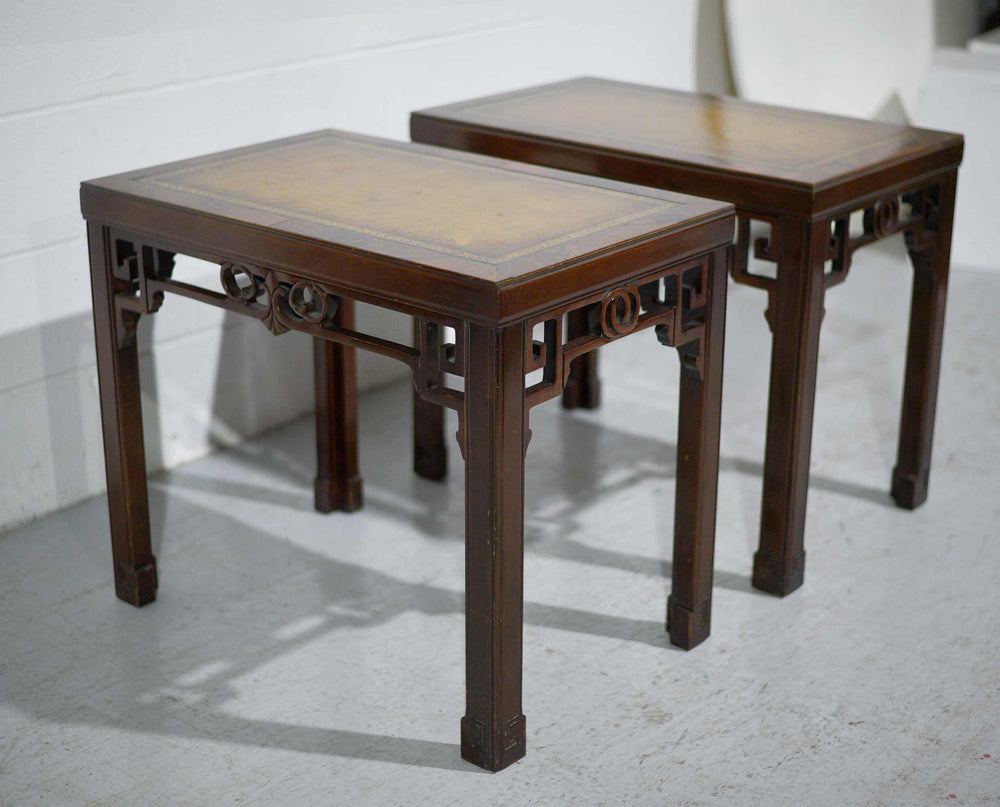 1970s Mahogany Chinoiserie Side Tables with Leather Top - A Pair