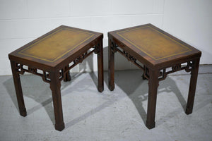 1970s Mahogany Chinoiserie Side Tables with Leather Top - A Pair