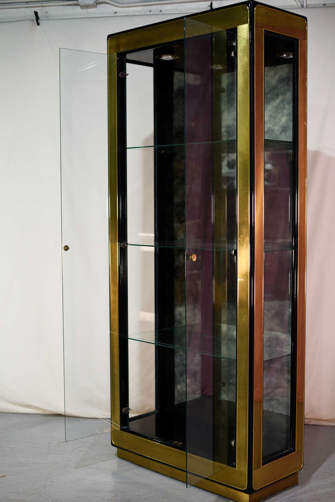 1970s Mirrored & Brass Curio Vitrine Display Cabinets by Mastercraft - A Pair