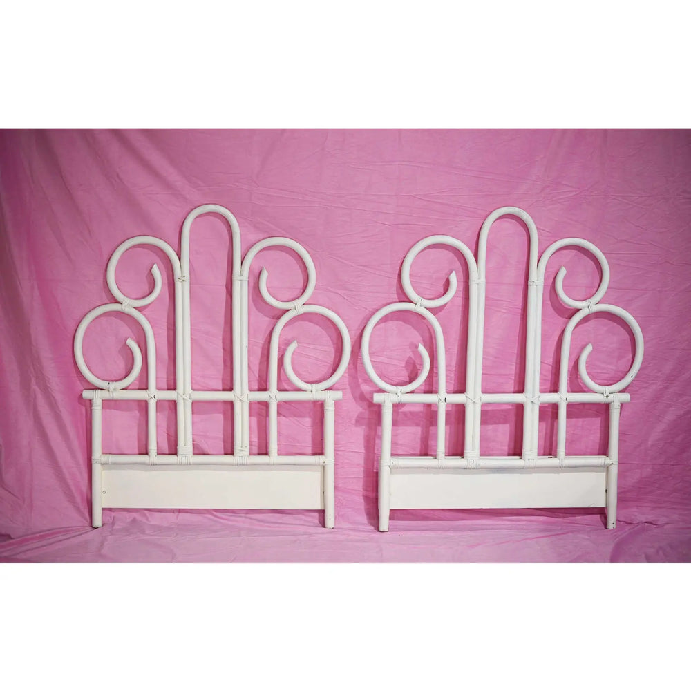 1970s Palm Beach Regency Twin Rattan Headboards in White - a Pair