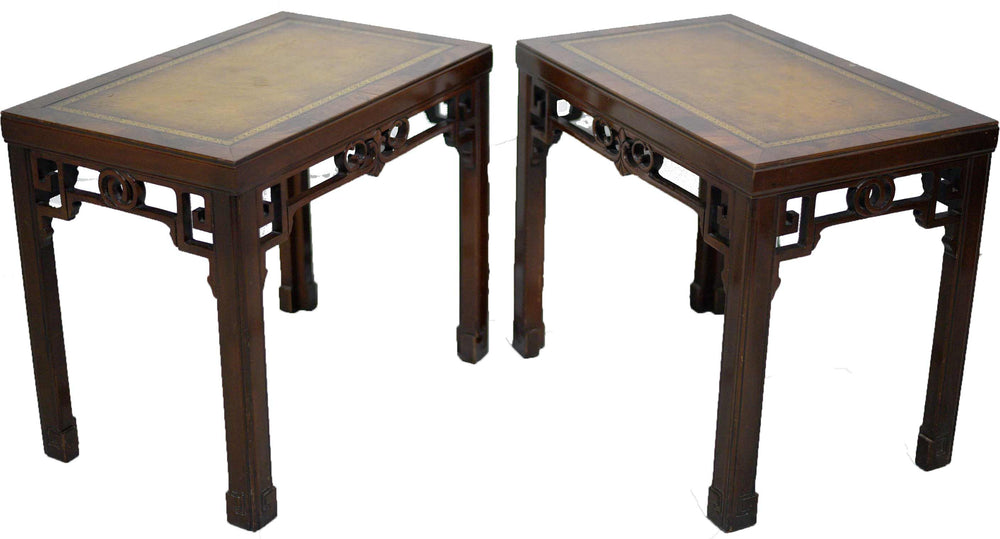 1970s Mahogany Chinoiserie Side Tables with Leather Top - A Pair