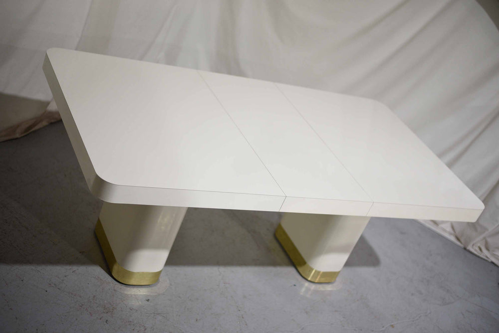 1990s Modern Formica and Brass Pedestal Base Cream Dining Table by Contemporary Mica Inc.