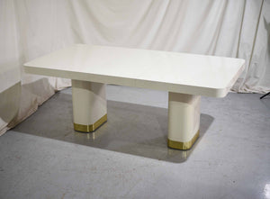 1990s Modern Formica and Brass Pedestal Base Cream Dining Table by Contemporary Mica Inc.