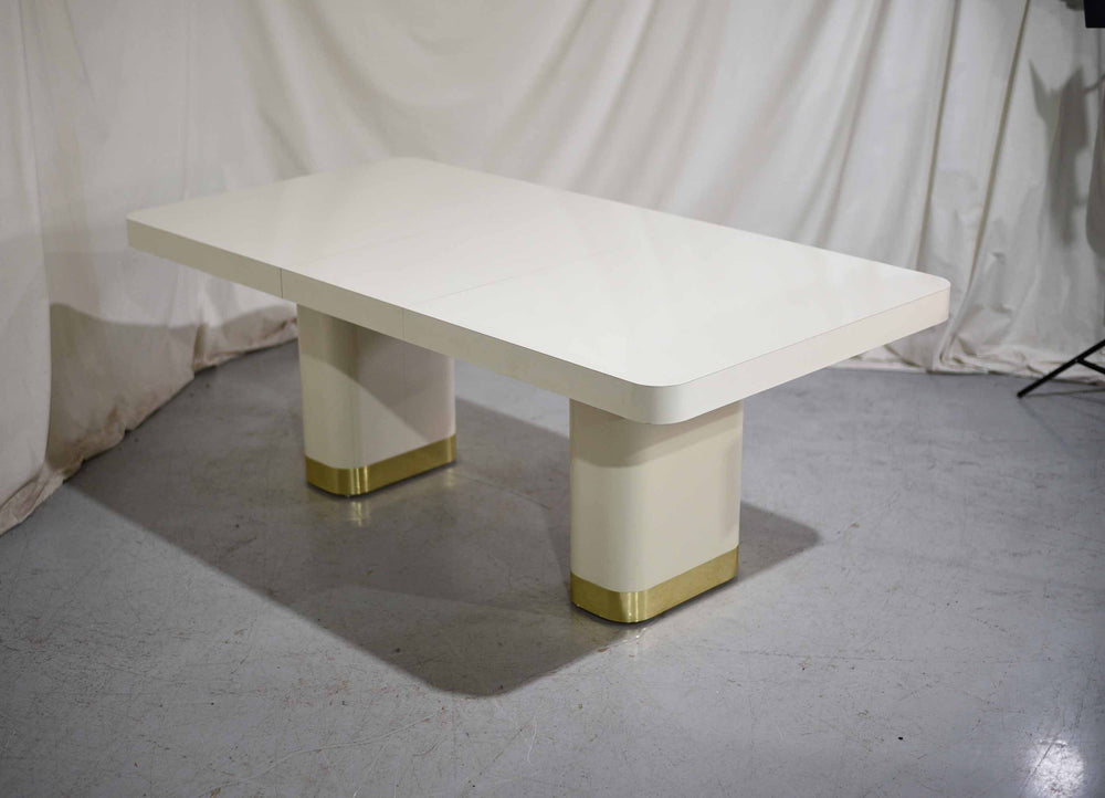 1990s Modern Formica and Brass Pedestal Base Cream Dining Table by Contemporary Mica Inc.