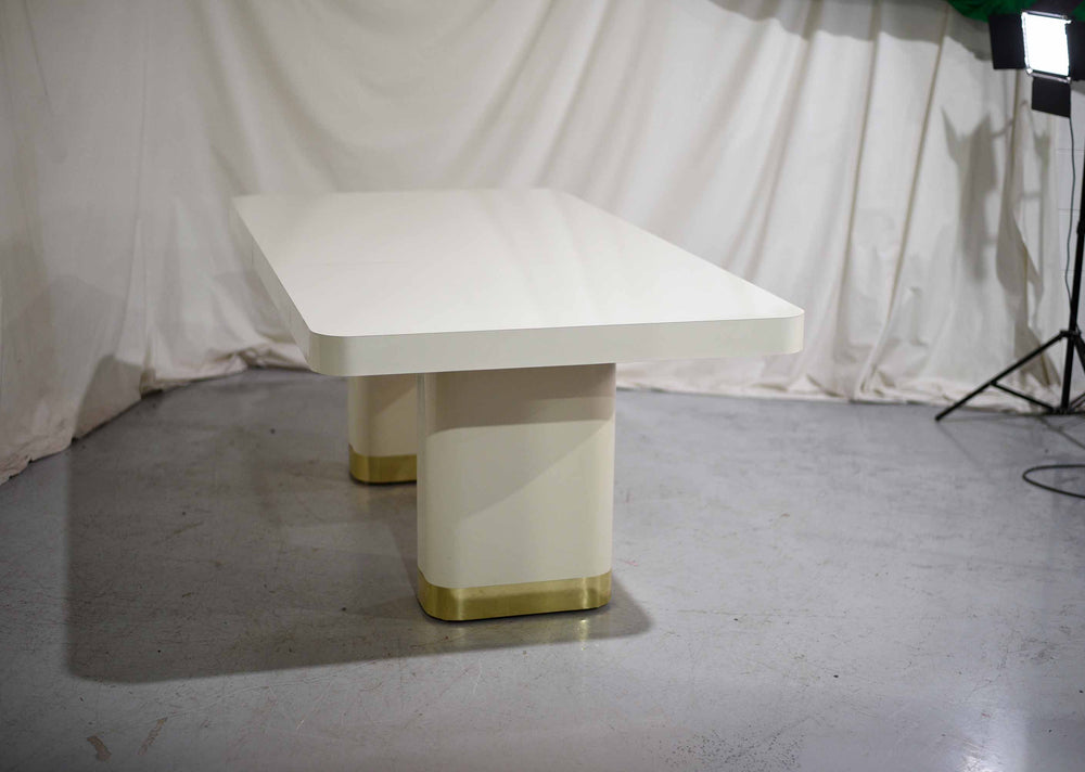 1990s Modern Formica and Brass Pedestal Base Cream Dining Table by Contemporary Mica Inc.