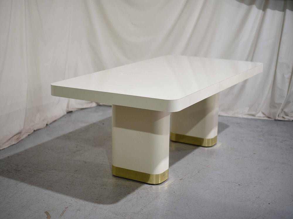 1990s Modern Formica and Brass Pedestal Base Cream Dining Table by Contemporary Mica Inc.