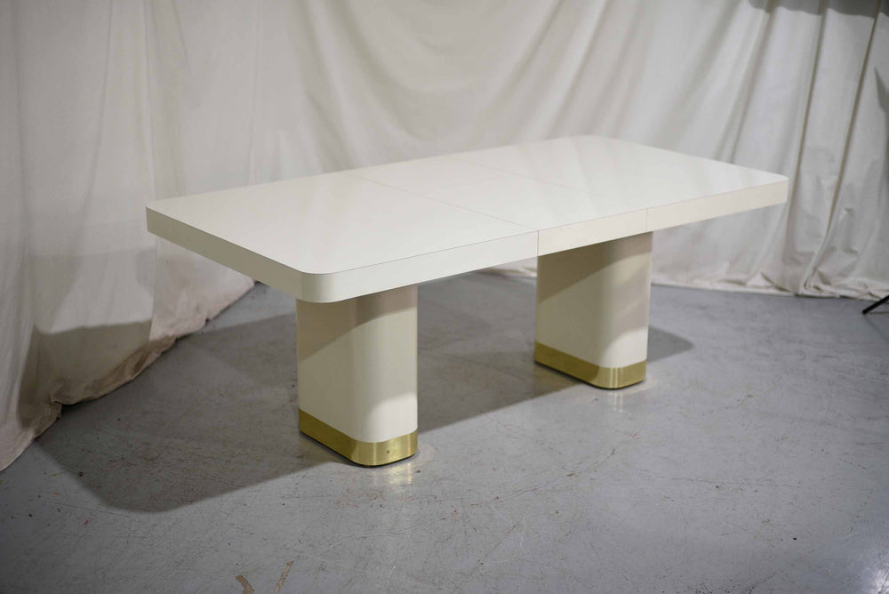 1990s Modern Formica and Brass Pedestal Base Cream Dining Table by Contemporary Mica Inc.