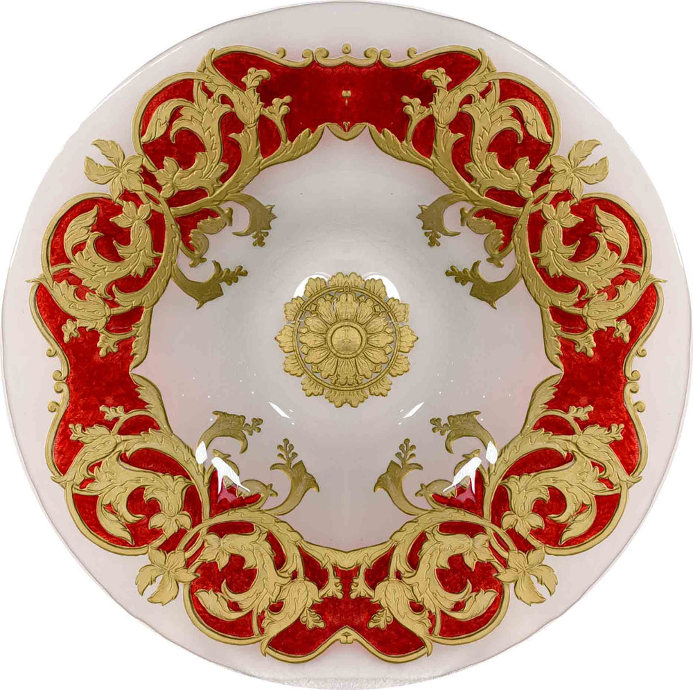 Mid-Century Opaque Glass Charger Dish Red Gold Wreath