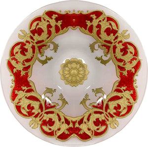 Mid-Century Opaque Glass Charger Dish Red Gold Wreath