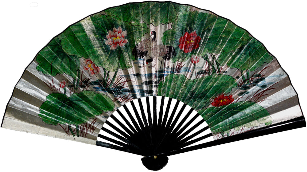 Vintage Chinoiserie Silver Leaf Pictorial Hand Painted Wall Fan 54 inch Span