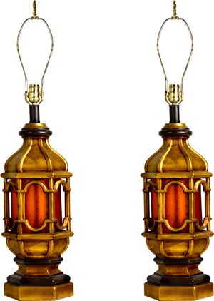 Contemporary Moroccan Style Gilt Lanterns with Faux Glass in Amber - A Pair