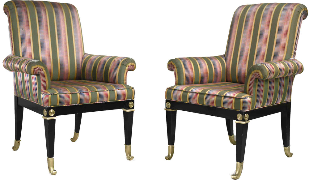 Vintage Mastercraft Brass Mounted Black Lacquer Armchairs - a Pair