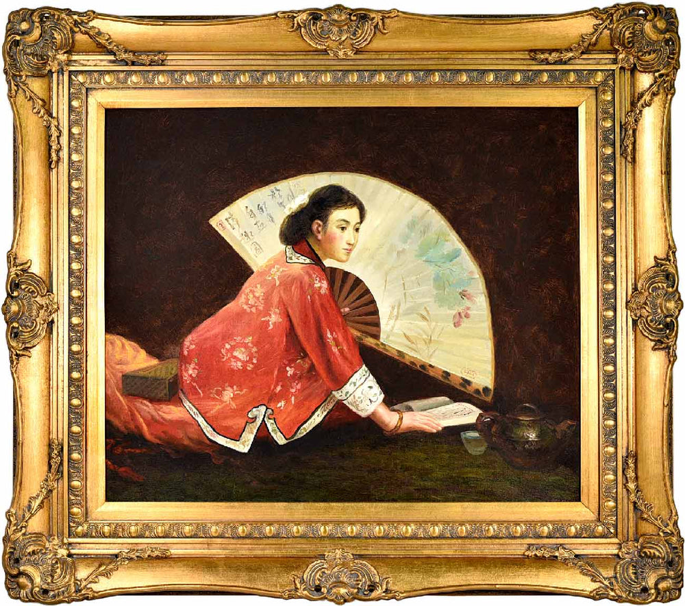 Vintage Chinese Maiden with Fan Painting - Oil on Canvas 33in. x 29in.