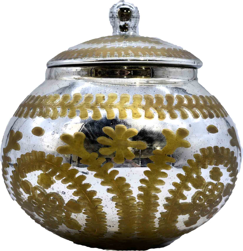 Painted Antiqued Mirrored Glass Vessel with Lid