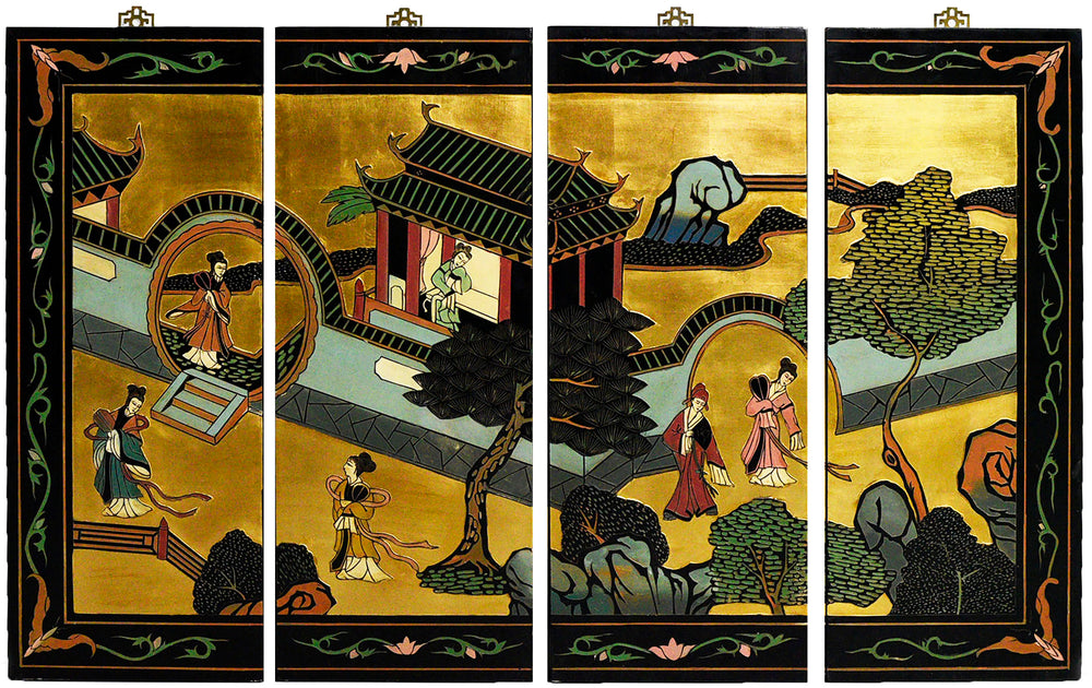Vintage Japanese Byobu Four Panel Gold Leaf Geishas in Landscape Screen
