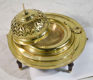 Vintage Moorish Footed & Pierced Brass Buffet Serving Dish with Spoon