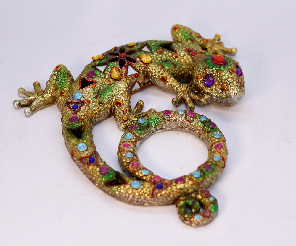 Multicolored Decorative Cast Resin Gecko or Salamander with Faux Jewel Accents