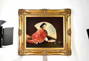 Vintage Chinese Maiden with Fan Painting - Oil on Canvas 33in. x 29in.