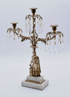 18th Century Cast Brass Three Candle Crystal Girandole on Marble