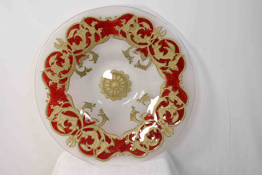 Mid-Century Opaque Glass Charger Dish Red Gold Wreath