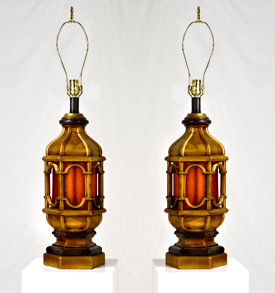 Contemporary Moroccan Style Gilt Lanterns with Faux Glass in Amber - A Pair