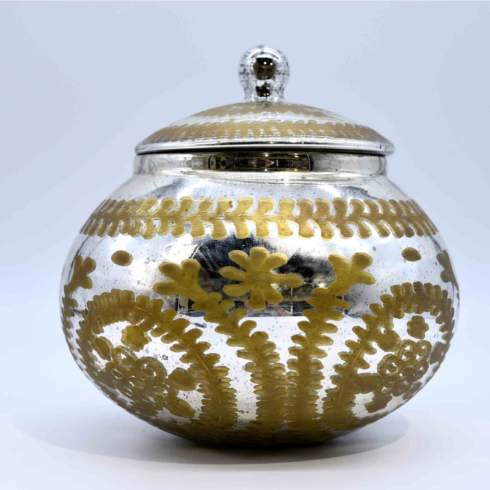 Painted Antiqued Mirrored Glass Vessel with Lid