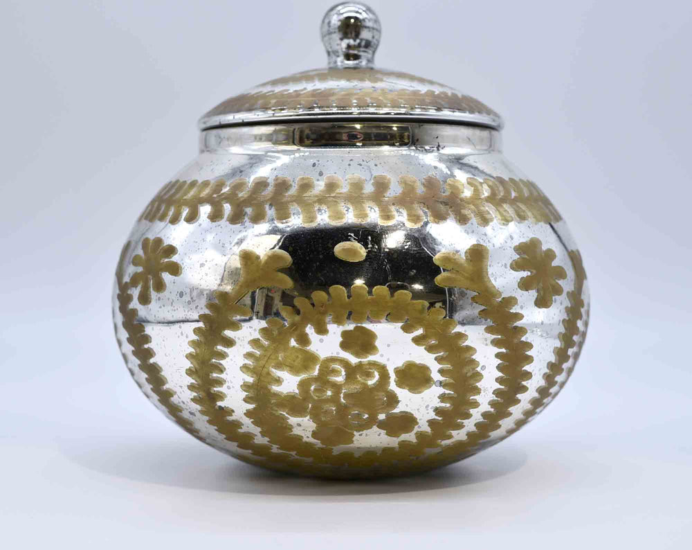 Painted Antiqued Mirrored Glass Vessel with Lid