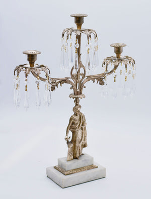 18th Century Cast Brass Three Candle Crystal Girandole on Marble