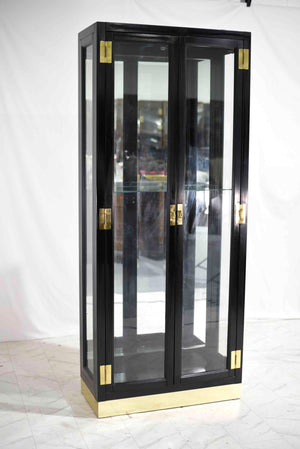 1985 American of Martinsville Black Lacquer Campaign Style Curio Display Cabinet