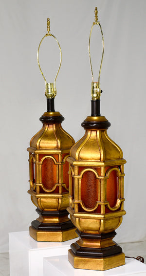 Contemporary Moroccan Style Gilt Lanterns with Faux Glass in Amber - A Pair