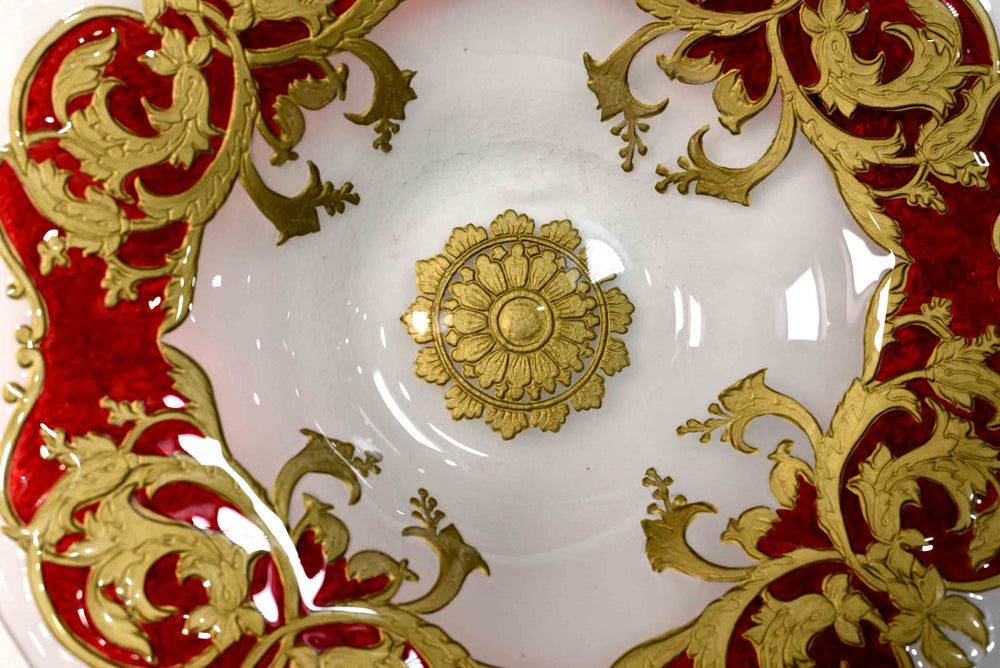 Mid-Century Opaque Glass Charger Dish Red Gold Wreath