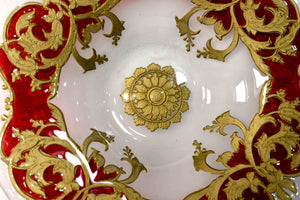 Mid-Century Opaque Glass Charger Dish Red Gold Wreath