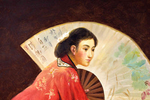 Vintage Chinese Maiden with Fan Painting - Oil on Canvas 33in. x 29in.