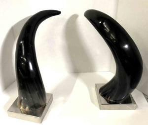 Contemporary Mounted Horns on Silver Chrome Bases - a Pair