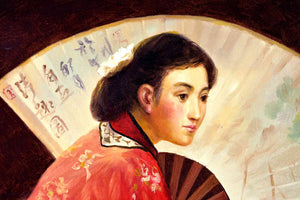 Vintage Chinese Maiden with Fan Painting - Oil on Canvas 33in. x 29in.