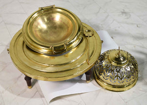 Vintage Moorish Footed & Pierced Brass Buffet Serving Dish with Spoon