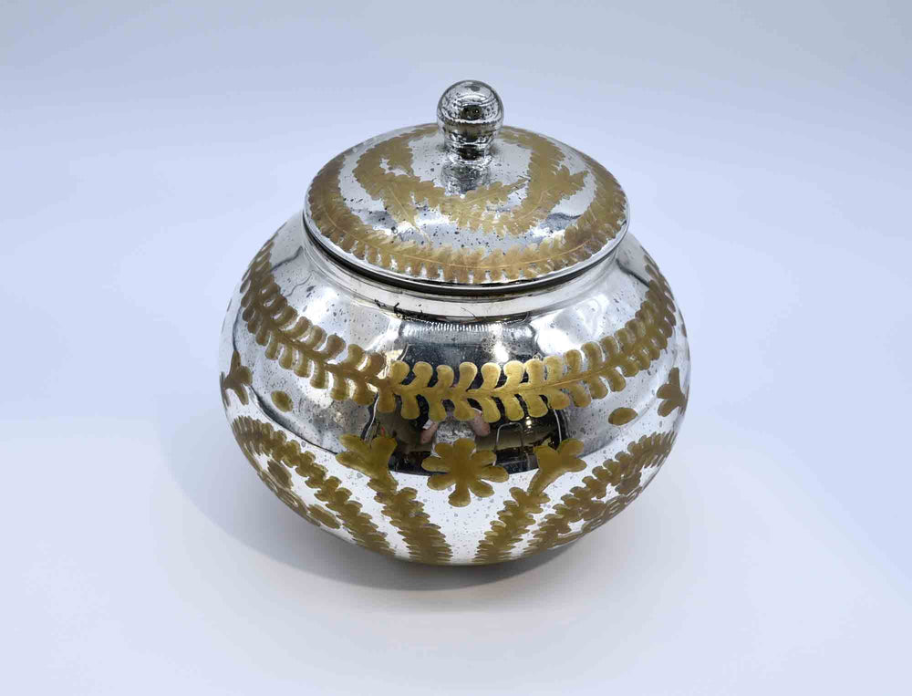 Painted Antiqued Mirrored Glass Vessel with Lid