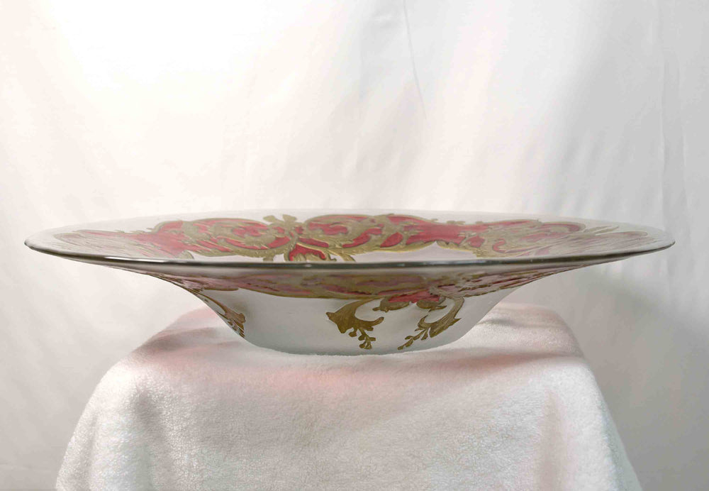 Mid-Century Opaque Glass Charger Dish Red Gold Wreath